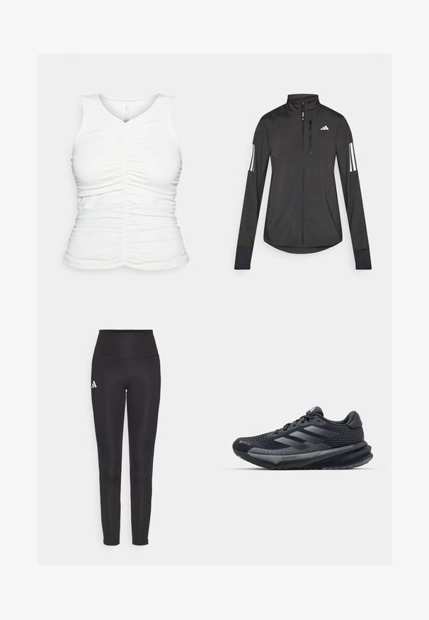 Musta urheilutakki, joka on valmistettu kevyestä materiaalista. Ominaisuuksiin kuuluu etuvetoketju, korkea kaulus ja kolme valkoista raitaa joka hihassa.; Valkoinen hihaton toppi, jossa on rypytetty yksityiskohta edessä ja sivuilla. Pehmeä, sileä rakenne; v-kaula-aukko; istuva siluetti.; Musta korkeavyötäröinen legginssit joustavasta kankaasta. Vasemmalla puolella valkoinen logo ja tyylikäs, saumaton muotoilu. Silkkinen pinta.; Musta urheilusandaali, jossa on teksturoitu verkkopinta, heijastavat yksityiskohdat, pehmustettu pohja ja virtaviivainen muotoilu. Varustettu kolmella raidalla logolla.