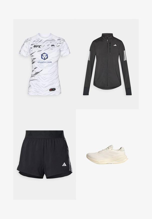 Melnā sporta jaka, izgatavota no viegla materiāla. Tajā ir priekšējais rāvējslēdzis, augsta apkakle un trīs baltas svītras katrā piedurknē.; Balds īsu piedurkņu sporta krekls ar ģeometrisku rakstu. Ar UFC logo, zilu sešstūru grafiku ar tekstu "crypto.com" un melnu akcentu.; Melni sporta šorti ar elastīgu jostu, ar teksturētu joslu, sānu svītrām un baltu Adidas logo apakšējā malu.; Gaišbeidzis sporta apavi ar sieta augšējo daļu, plakaniem šņorēm un mīkstu zoli. Iekļauj trīs svītru dizainu sānu pusē.