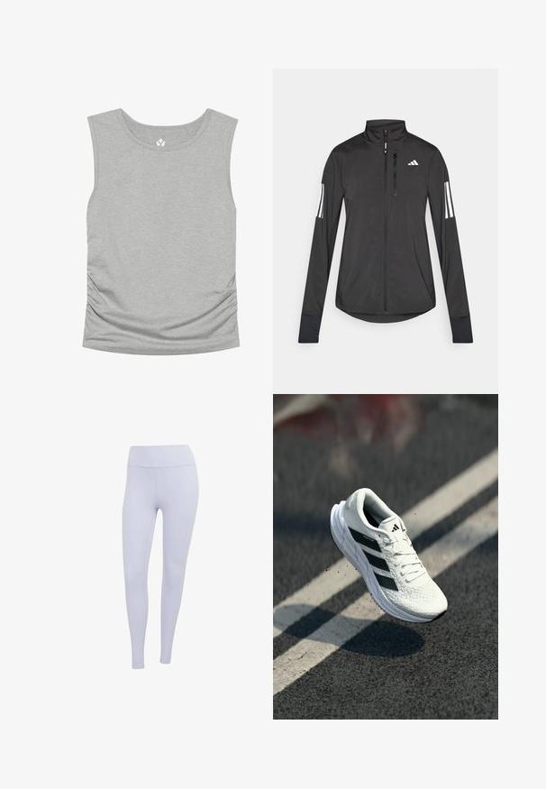 Czarna sportowa kurtka wykonana z lekkiego materiału. Posiada zamek błyskawiczny z przodu, wysoki kołnierz oraz trzy białe paski na każdym rękawie.; Jasnoszara, bezrękawnikowa bluzka z okrągłym dekoltem i bocznymi marszczeniami, wyeksponowana na białym tle.; Jasnofioletowe legginsy wykonane z rozciągliwego materiału. Wysoki stan z gładką teksturą i bez widocznych szwów czy wzorów.; Białe buty biegowe z teksturowaną cholewką, czarnym wzorem w trzy paski, wyściełanym kołnierzem i lekką podeszwą, umieszczone w powietrzu nad nawierzchnią drogi.