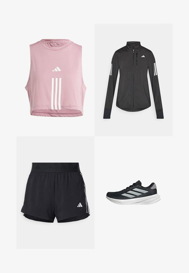 Svart idrottsjacka i lätt material. Har en framzipper, hög krage och tre vita ränder på varje ärm.; adidas Performance TRAIN ESSENTIALS TRAIN 3-STRIPES - Linne - orchid/white; Svarta sportshorts med elastisk midja, som har en texturerad rem, sidostråk och en vit Adidas-logotyp på den nedre fållen.; Svart löparskor med meshtopp, tre silverränder, vit mellansula och strukturerad sula. Har vadderad krage och snörning.