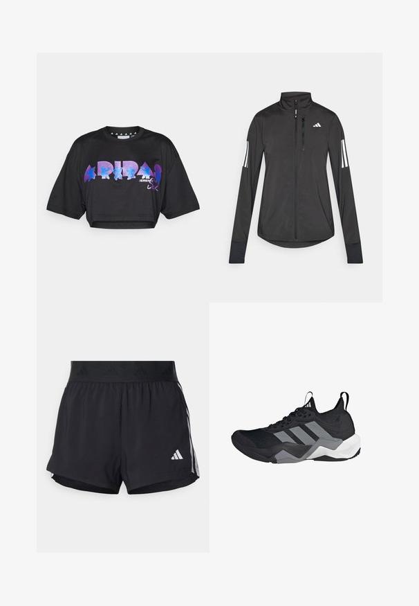 Svart treningsjakke laget av lett materiale. Har glidelås foran, høy krage og tre hvite striper på hver erme.; Svart kortermet t-skjorte i lett stoff, med stort lilla og blått grafisk tekst og designelementer på fronten, med korte ermer.; Sorte treningsshorts med elastisk midjebånd, med en teksturert stripe, sidestriper og hvit Adidas-logo på den nedre kanten.; Svart idrettssko med et pustende mesh-overdel, grå aksenter, teksturert såle og tre distinkte striper på siden.