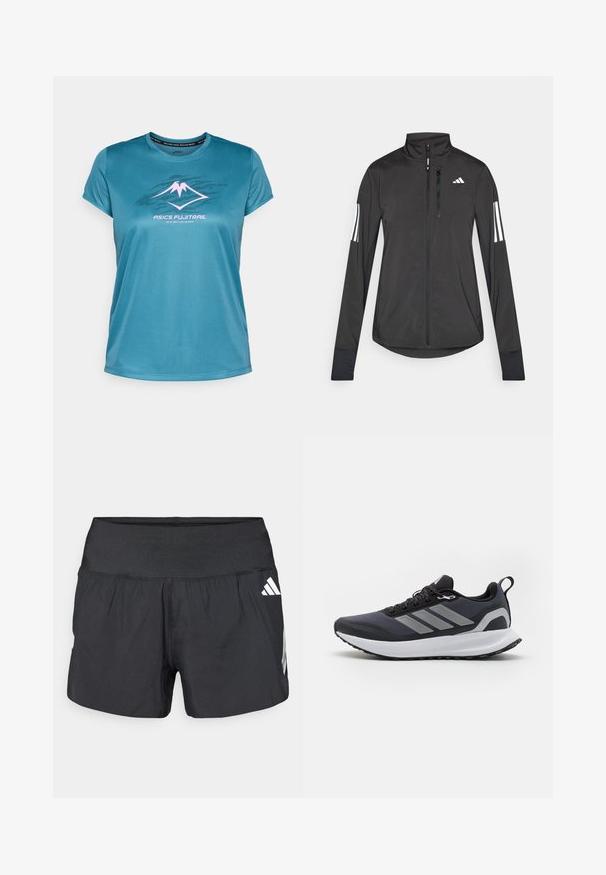 Schwarze Sportjacke aus leichtem Material. Mit einem Frontreißverschluss, hohem Kragen und drei weißen Streifen an jedem Ärmel.; Teal kurzärmliges Sport-T-Shirt aus glattem Material, mit einer Berggrafik in Pink und dem Text "ASICS FUJITRAIL" darunter.; Schwarze Sportshorts mit einem breiten elastischen Bund, leichtem Stoff und weißen Logoakzenten an der unteren Seite.; Schwarzer Sportschuh mit Obermaterial aus Mesh, weißer Mittelsohle, strukturiertem Gummisohle und drei grauen Streifen an der Seite. Verfügt über Schnürsenkel und eine Zuglasche.