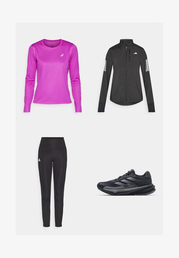 Black athletic jacket made of lightweight material. Features a front zipper, high collar, and three white stripes on each sleeve.; ASICS CORE TOP - Long sleeved top - bold magenta; Black high-waisted leggings made of stretchy fabric. Features a white logo on the left side and sleek, seamless design. Smooth texture.; Black athletic shoe with a textured mesh upper, reflective accents, cushioned sole, and a streamlined design. Features three stripe logo.