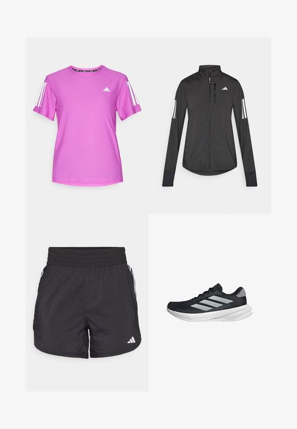 Crni sportski jakna napravljena od laganog materijala. Ima prednji zatvarač, visoki ovratnik i tri bijele pruge na svakoj rukavu.; Ružičasta atletska majica kratkih rukava s bijelim trostrukim akcentima i Adidas logotipom, izrađena od lagane, strukturirane tkanine.; Crne atletske kratke hlače s elastičnom trakom u struku, bočnim džepovima i bijelim prugama sa strane. Izrađene su od laganog materijala.; Crne trkačke tenisice s mrežastim gornjim dijelom, tri srebrne pruge, bijeli srednji sloj i teksturirani potplat. Sadrži podstavljeni ovratnik i zatvaranje s vezicama.