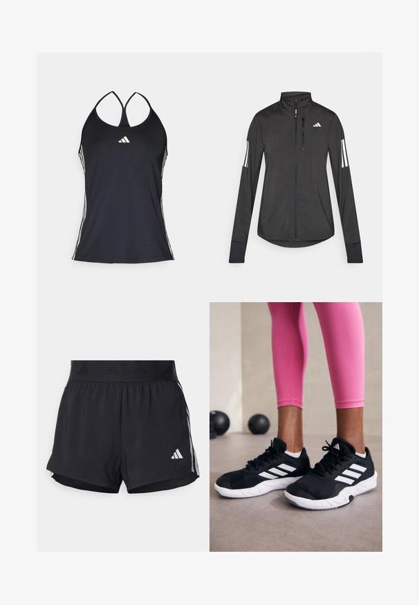 Must mustriga mustrin, millel on esiküljel lukuga, kõrge krae ja igal varrukal kolm valget triipu.; Must must suvekangast aktiivsus T-särk, millel on õhukesed rihmad ja valged külgsuud. Ees väike valge logo.; Musta sportlikud lühikesed püksid elastse vöökohtaga, millel on tekstuuriga riba, külgmised triibud ja alumises servas valge Adidas'i logo.; Mustad must sportlikud jalanõud valgete triipudega, tekstureeritud võrkkattega ülemine osa ja valge tallaga. Kombineeritud roosade retuusidega, tutvustades treeningriideid.