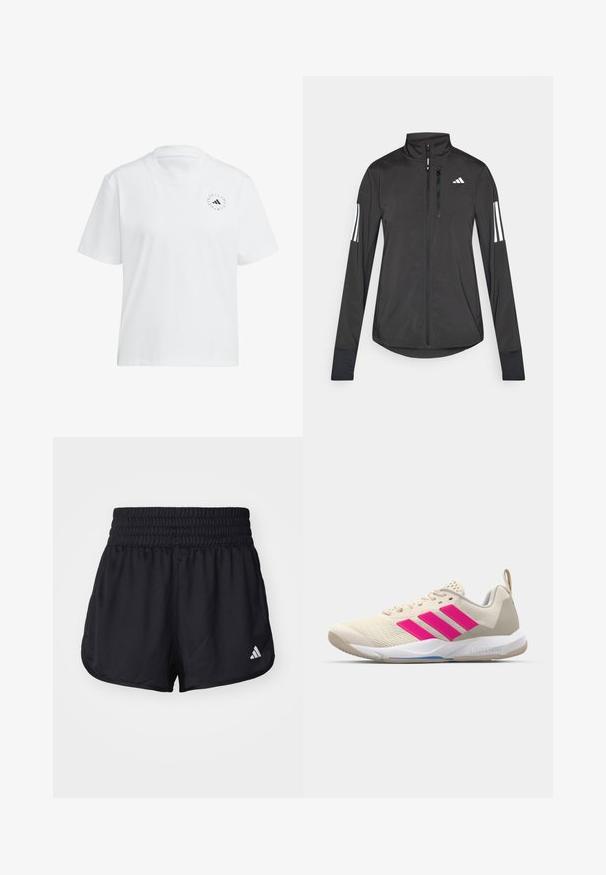 Melnā sporta jaka, izgatavota no viegla materiāla. Tajā ir priekšējais rāvējslēdzis, augsta apkakle un trīs baltas svītras katrā piedurknē.; Balts kokvilnas T-krekls ar apaļu kakla izgriezumu un īsām piedurknēm. Uz kreisā krūšu daļā ir neliels melns logotips. Vienota krāsa, gluda tekstūra.; Melni sporta šorti ar elastīgu, savilktu vidukli un balto logotipa akcentu apakšējā labajā malā. Gluda, viegla materiāla.; Beige sporta apavi ar rozā trīs svītru logotipu, strukturētu acu augšdaļu, mīkstu apkaklīti un balto gumijas zoli, ar "LIGHTSTRIKE" zīmolu.