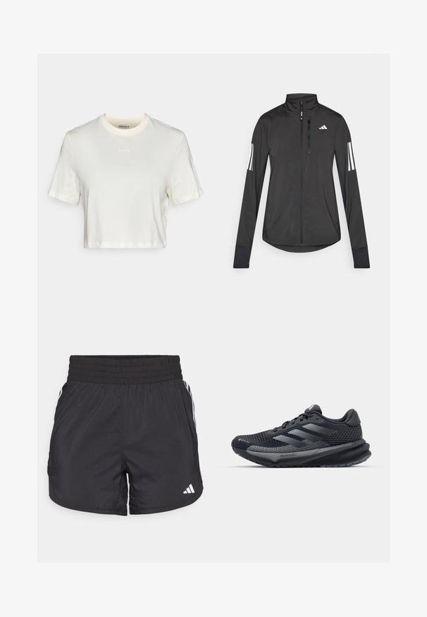 Schwarze Sportjacke aus leichtem Material. Mit einem Frontreißverschluss, hohem Kragen und drei weißen Streifen an jedem Ärmel.; Abgeschnittenes weißes T-Shirt aus Baumwolle mit glatter Textur, runder Ausschnitt und kurzen Ärmeln. "BORG"-Logo in feiner Stickerei.; Schwarze Sportshorts mit elastischem Bund, seitlichen Taschen und weißen Streifenakzenten an den Seiten. Hergestellt aus leichtem Material.; Schwarzer Sportschuh mit einem strukturierten Mesh-Obermaterial, reflektierenden Akzenten, gepolsteter Sohle und einem schlanken Design. Enthält ein Logo mit drei Streifen.