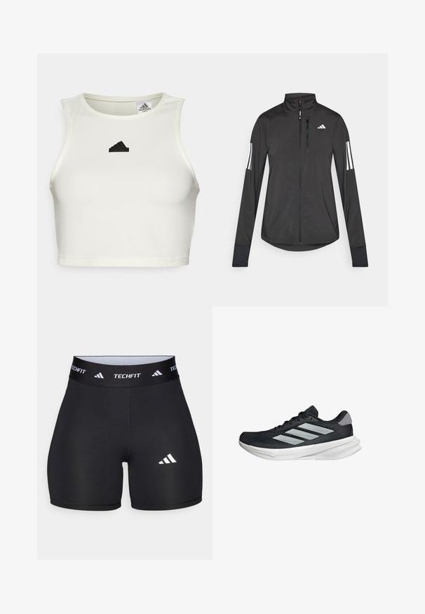 Giacchetto sportivo nero realizzato in materiale leggero. Presenta una chiusura frontale con zip, colletto alto e tre strisce bianche su ciascun manica.; Top sportivo bianco cropped realizzato in tessuto morbido, presenta un collo rotondo e un piccolo logo Adidas nero sul davanti.; Shorts neri realizzati in tessuto elastico con un design aderente. Presentano una larga fascia in vita nera etichettata "TECHFIT" e un logo bianco sulla gamba.; Scarpa da corsa nera con tomaia in mesh, tre strisce argentate, intersuola bianca e suola testurizzata. Presenta un colletto imbottito e chiusura con lacci.