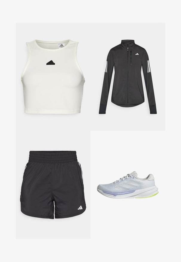 Schwarze Sportjacke aus leichtem Material. Mit einem Frontreißverschluss, hohem Kragen und drei weißen Streifen an jedem Ärmel.; Weißes, kurzes Sportoberteil aus glattem Stoff mit rundem Halsausschnitt und kleinem schwarzen Adidas-Logo auf der Vorderseite.; Schwarze Sportshorts mit elastischem Bund, seitlichen Taschen und weißen Streifenakzenten an den Seiten. Hergestellt aus leichtem Material.; Weiße Sportschuhe mit einem atmungsaktiven Mesh-Obermaterial, strukturiertem Design und lavendelfarbenen Akzenten. Die Schuhe verfügen über eine gepolsterte Sohle mit grünen Außensohlen-Details.