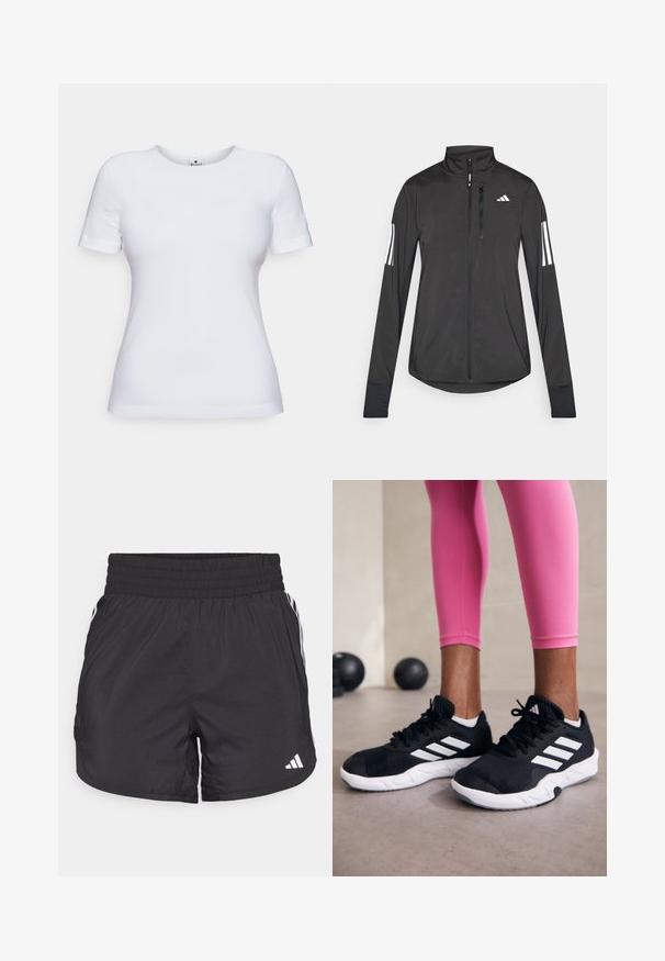 Black athletic jacket made of lightweight material. Features a front zipper, high collar, and three white stripes on each sleeve.; White short-sleeve t-shirt made of cotton, featuring a round neckline and a slim fit. No patterns or accents visible.; Black athletic shorts with an elastic waistband, side pockets, and white stripe accents on the sides. Made of lightweight material.; Black athletic shoes with white stripes, textured mesh upper, and a white sole. Worn with pink leggings, showcasing training apparel.