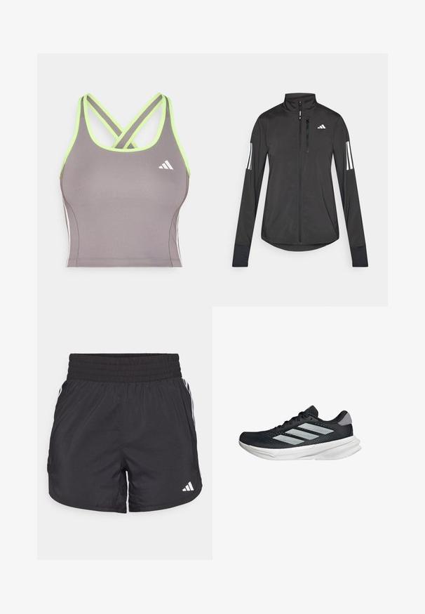 Giacchetto sportivo nero realizzato in materiale leggero. Presenta una chiusura frontale con zip, colletto alto e tre strisce bianche su ciascun manica.; Canotta grigia da atletica con spalline incrociate verde lime, con logo Adidas bianco e un design slim. Texture liscia.; Pantaloni sportivi neri con elastico in vita, tasche laterali e strisce bianche ai lati. Realizzati in materiale leggero.; Scarpa da corsa nera con tomaia in mesh, tre strisce argentate, intersuola bianca e suola testurizzata. Presenta un colletto imbottito e chiusura con lacci.