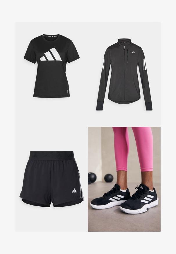 Crni sportski jakna napravljena od laganog materijala. Ima prednji zatvarač, visoki ovratnik i tri bijele pruge na svakoj rukavu.; Crna atletska majica od glatkog materijala, s velikim bijelim logotipom u obliku tri pruge na prednjoj strani i oznakom na donjem rubu.; Crne atletske kratke hlače s elastičnim pojasom, s teksturiranim pojasom, bočnim prugama i bijelim Adidas logotipom na donjem rubu.; Crne atletske cipele s bijelim prugama, gornji dio od teksturirane mrežaste tkanine i bijelim potplatom. Nošene uz ružičaste tajice, prikazujući trenirku.