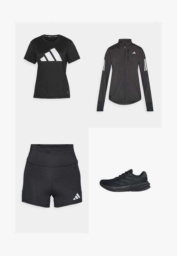 Black athletic jacket made of lightweight material. Features a front zipper, high collar, and three white stripes on each sleeve.; Black athletic t-shirt made of a smooth fabric, featuring a large white three-stripe logo on the front and tag detailing at the hem.; adidas Performance Leggings - black; Black athletic shoes with a mesh upper, streamlined shape, flat sole, and three diagonal stripes on the side. Lightweight design for comfort.