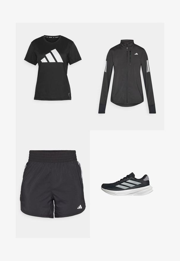 Černá atletická bunda vyrobená z lehkého materiálu. Má přední zip, vysoký límec a tři bílé pruhy na každém rukávu.; Černé sportovní tričko vyrobené z hladkého materiálu, s velkým bílým logem ve třech pruzích na přední straně a detailem štítku na spodním lemu.; Černé sportovní šortky s elastickým pasem, bočními kapsami a bílými pruhy po stranách. Vyrobené z lehkého materiálu.; Černé běžecké boty s vrchní částí z prodyšné síťoviny, třemi stříbrnými pruhy, bílou mezipodešví a texturovanou podešví. Obsahují polstrovaný límec a šněrování.