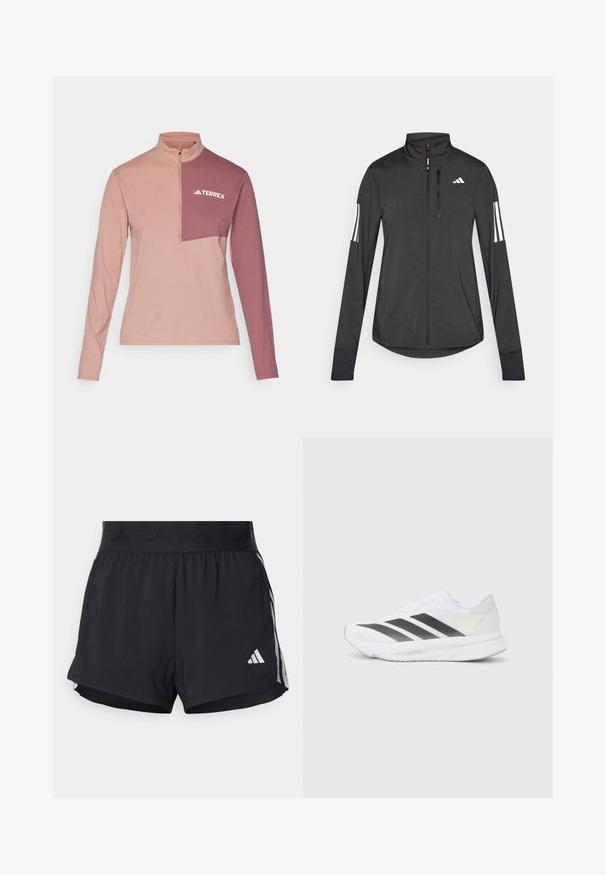 Must mustriga mustrin, millel on esiküljel lukuga, kõrge krae ja igal varrukal kolm valget triipu.; Kerge pika varrukaga topp, millel on kvartziip kaelus, roosa ja mauve värvikombinatsiooniga disain. Rinnal on "TERREX" logo.; Musta sportlikud lühikesed püksid elastse vöökohtaga, millel on tekstuuriga riba, külgmised triibud ja alumises servas valge Adidas'i logo.; Valged sportlikud jalanõud mustade diagonaalsete triipudega, võrkkattega, ümarate varvastega ja tekstuurse tallaga. Aktsentideks on hõbedane kand ja minimalistlik disain.