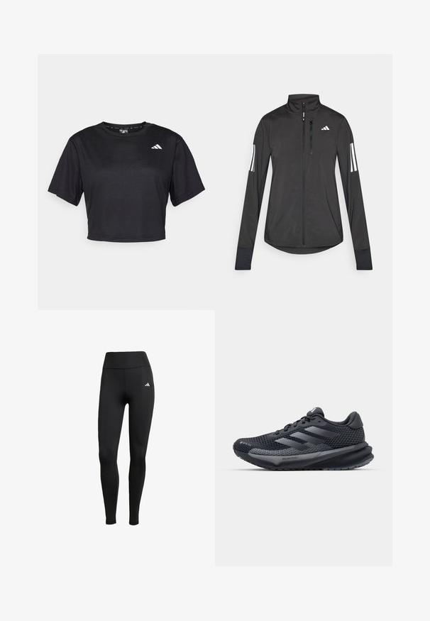 Musta urheilutakki, joka on valmistettu kevyestä materiaalista. Ominaisuuksiin kuuluu etuvetoketju, korkea kaulus ja kolme valkoista raitaa joka hihassa.; Musta lyhythihainen t-paita, joka on valmistettu sileästä kankaasta. Siinä on lyhyet hihat, pyöreä pääntie ja pieni valkoinen logo vasemmalla edessä.; Mustat urheilulegginssit, joissa on korkea vyötärö. Valmistettu venyvästä kankaasta, jossa on valkoinen logo-yksityiskohta vasemmalla ylhäällä.; Musta urheilusandaali, jossa on teksturoitu verkkopinta, heijastavat yksityiskohdat, pehmustettu pohja ja virtaviivainen muotoilu. Varustettu kolmella raidalla logolla.