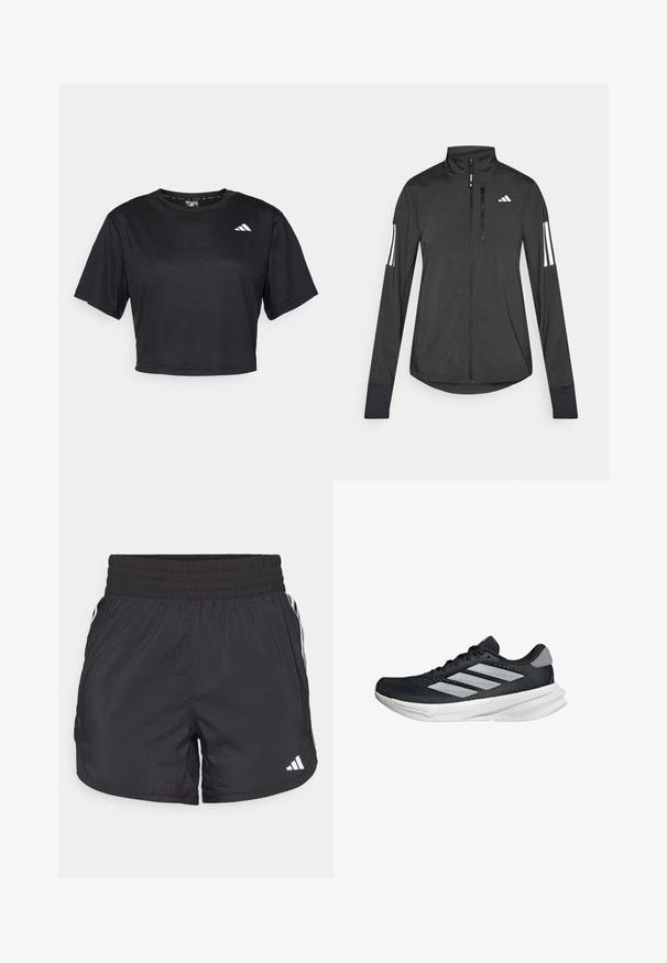 Chaqueta deportiva negra hecha de material ligero. Cuenta con una cremallera frontal, un cuello alto y tres franjas blancas en cada manga.; Camiseta negra recortada hecha de tela suave. Presenta mangas cortas, un cuello redondo y un pequeño logo blanco en la parte delantera izquierda.; Pantalones cortos deportivos negros con cintura elástica, bolsillos laterales y detalles de rayas blancas en los lados. Hechos de un material ligero.; Zapatilla de correr negra con parte superior de malla, tres franjas plateadas, media suela blanca y suela texturizada. Incluye un cuello acolchado y cierre de cordones.