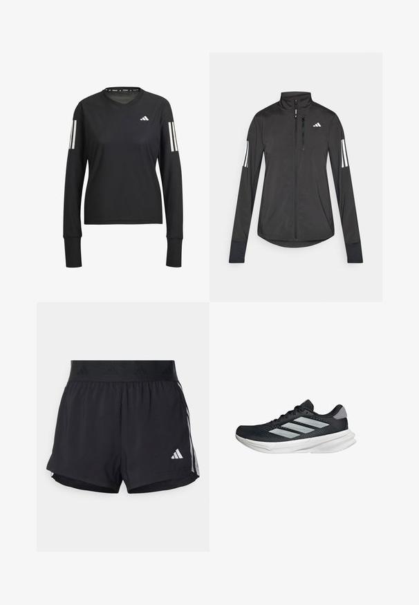 Schwarze Sportjacke aus leichtem Material. Mit einem Frontreißverschluss, hohem Kragen und drei weißen Streifen an jedem Ärmel.; Schwarzes, langärmliges Sportshirt mit Rundhalsausschnitt, aus leichtem Material gefertigt. Verfügt über drei weiße Streifen an jedem Ärmel und ein Logo.; Schwarze Sportshorts mit einem elastischen Bund, ausgestattet mit einem strukturierten Band, seitlichen Streifen und einem weißen Adidas-Logo am unteren Saum.; Schwarzer Laufschuh mit Mesh-Obermaterial, drei silbernen Streifen, weißer Zwischensohle und strukturiertem Außensohle. Verfügt über einen gepolsterten Schaft und eine Schnürung.