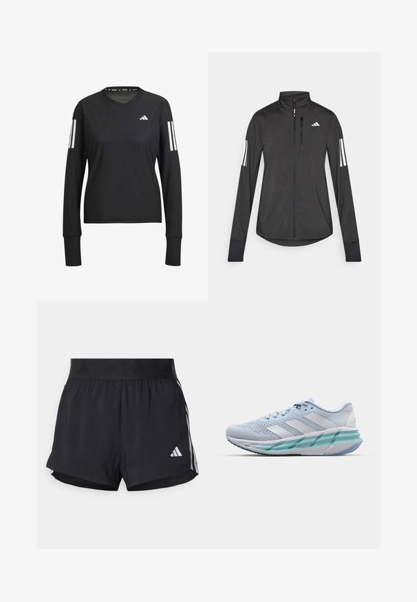 Black athletic jacket made of lightweight material. Features a front zipper, high collar, and three white stripes on each sleeve.; Black long-sleeve athletic shirt with a round neckline, made of lightweight fabric. Features three white stripes on each sleeve and logo.; Black athletic shorts with an elastic waistband, featuring a textured band, side stripes, and a white Adidas logo on the lower hem.; Light blue athletic shoes with a textured knit upper, white accents, and a transparent green midsole. Rounded toe and padded collar.