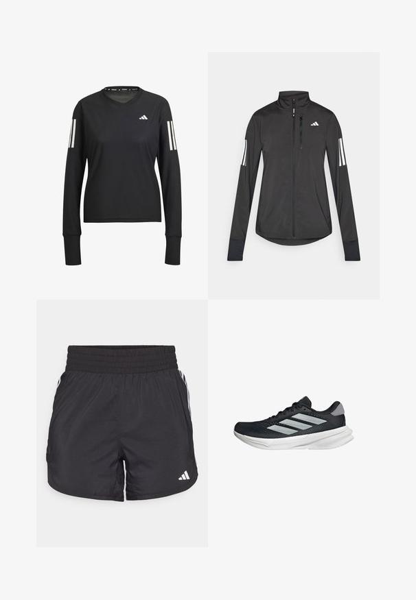 Czarna sportowa kurtka wykonana z lekkiego materiału. Posiada zamek błyskawiczny z przodu, wysoki kołnierz oraz trzy białe paski na każdym rękawie.; Czarna, długorękawowa koszulka sportowa z okrągłym dekoltem, wykonana z lekkiego materiału. Posiada trzy białe paski na każdym rękawie oraz logo.; Czarne spodenki sportowe z elastycznym paskiem w talii, bocznymi kieszeniami oraz białymi akcentami wzdłuż boków. Wykonane z lekkiego materiału.; Czarny but biegowy z siateczkowym wierzchem, trzema srebrnymi paskami, białą podeszwą środkową i teksturowaną podeszwą zewnętrzną. Posiada wyściełany kołnierz i zapięcie na sznurówki.