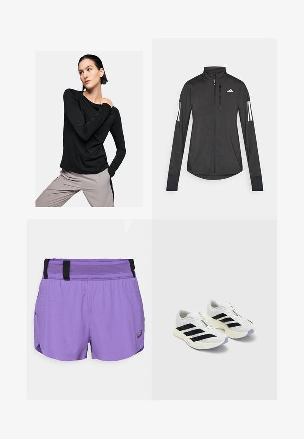 Czarna sportowa kurtka wykonana z lekkiego materiału. Posiada zamek błyskawiczny z przodu, wysoki kołnierz oraz trzy białe paski na każdym rękawie.; Czarna koszula z długim rękawem z miękkiego materiału, z okrągłym dekoltem i dopasowanym krojem, zestawiona z jasnoszarymi spodniami.; ASICS METARUN liliowy; Białe buty sportowe z czarnymi paskami i logo, z siateczkową cholewką, zaokrąglonym noskiem i grubą kremową podeszwą dla amortyzacji.