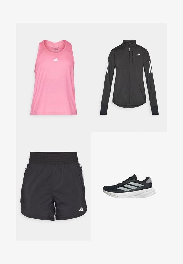 Crni sportski jakna napravljena od laganog materijala. Ima prednji zatvarač, visoki ovratnik i tri bijele pruge na svakoj rukavu.; Ružičasti bezrukavni sportski top s okruglim izrezom, izrađen od laganog materijala, s malim bijelim Adidas logom na prednjem dijelu.; Crne atletske kratke hlače s elastičnom trakom u struku, bočnim džepovima i bijelim prugama sa strane. Izrađene su od laganog materijala.; Crne trkačke tenisice s mrežastim gornjim dijelom, tri srebrne pruge, bijeli srednji sloj i teksturirani potplat. Sadrži podstavljeni ovratnik i zatvaranje s vezicama.