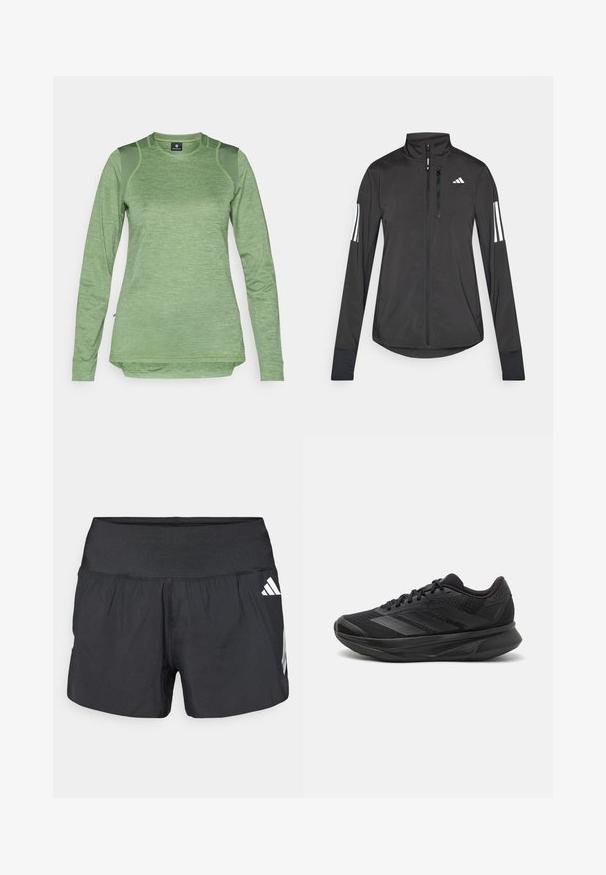 Crni sportski jakna napravljena od laganog materijala. Ima prednji zatvarač, visoki ovratnik i tri bijele pruge na svakoj rukavu.; Majica dugih rukava za sport u svijetlozelenoj boji, izrađena od teksturiranog materijala s mrežastim panelima na ramenima, s zaobljenim rubom i okruglim izrezom.; Crne sportske kratke hlače s širokim elastičnim pojasom, laganom tkaninom i bijelim logotipom na donjoj strani.; Crne trkaće tenisice s prozračnom mrežastom gornjom konstrukcijom, zaobljenim prstima, elegantnim dizajnom, teksturiranim detaljima i mekanim potplatom za udobnost.