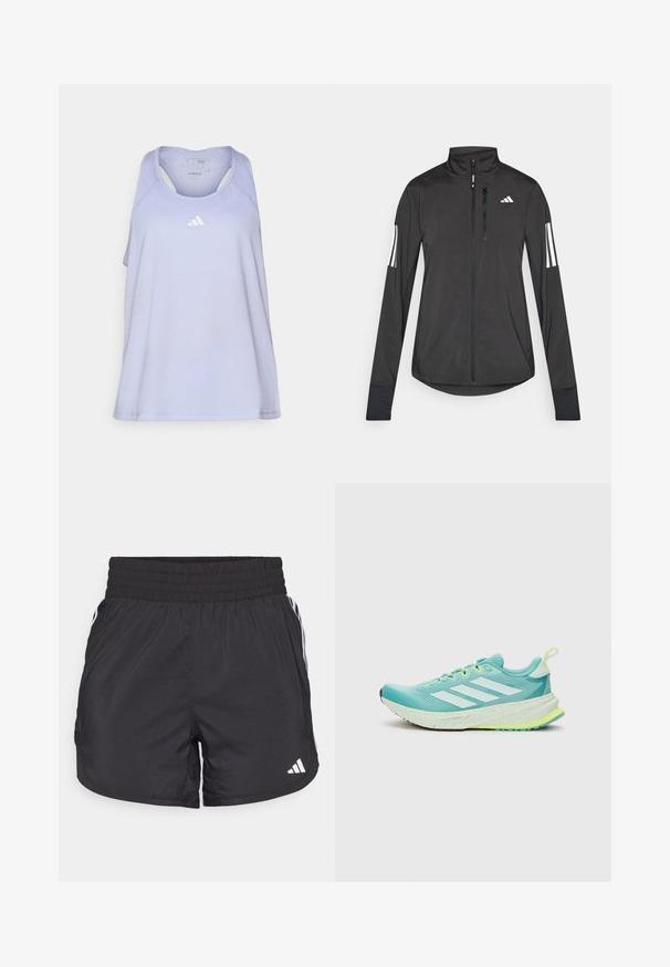 Czarna sportowa kurtka wykonana z lekkiego materiału. Posiada zamek błyskawiczny z przodu, wysoki kołnierz oraz trzy białe paski na każdym rękawie.; Jasnofioletowy sportowy top z plecami w stylu racerback. Zawiera małe białe logo Adidas na klatce piersiowej. Wykonany z gładkiego, oddychającego materiału.; Czarne spodenki sportowe z elastycznym paskiem w talii, bocznymi kieszeniami oraz białymi akcentami wzdłuż boków. Wykonane z lekkiego materiału.; Jasnoniebieskie buty do biegania z białymi paskami, teksturowana cholewka, wyściółka wokół kostki oraz żółto-zielone akcenty na podeszwie i sznurówkach.