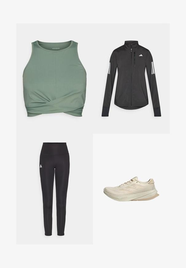 Schwarze Sportjacke aus leichtem Material. Mit einem Frontreißverschluss, hohem Kragen und drei weißen Streifen an jedem Ärmel.; Grüner Sport-BH aus glattem, dehnbarem Material. Verfügt über ein gedrehtes Frontdesign und der Markenname "BORG" ist dezent in passender Farbe gedruckt.; Schwarze hochgeschnittene Leggings aus dehnbarem Stoff. Mit einem weißen Logo auf der linken Seite und einem eleganten, nahtlosen Design. Glatte Textur.; Beige Laufschuhe mit einem atmungsaktiven Mesh-Obermaterial, strukturiertem Design, gebogenem Sohlenprofil und drei Streifen an der Seite. Leicht und modern.