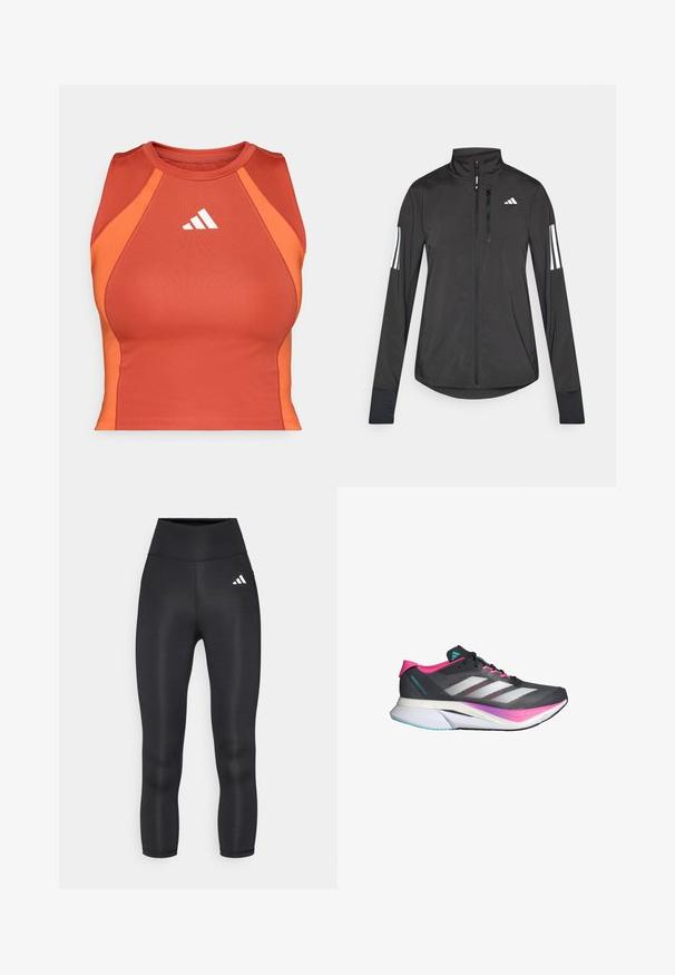 Schwarze Sportjacke aus leichtem Material. Mit einem Frontreißverschluss, hohem Kragen und drei weißen Streifen an jedem Ärmel.; Orange athletisches Crop-Top aus glattem, dehnbarem Material. Verfügt über ein Racerback-Design und ein weißes Logo auf der Vorderseite.; Schwarze hochtaillierte Leggings aus einem glatten, dehnbaren Material mit einem kleinen weißen Adidas-Logo auf der linken Hüfte.; Laufschuh mit einem grauen Mesh-Obermaterial, pinken Akzenten und weißen Streifen. Verfügt über eine gepolsterte Sohle und ein schlankes, aerodynamisches Design.