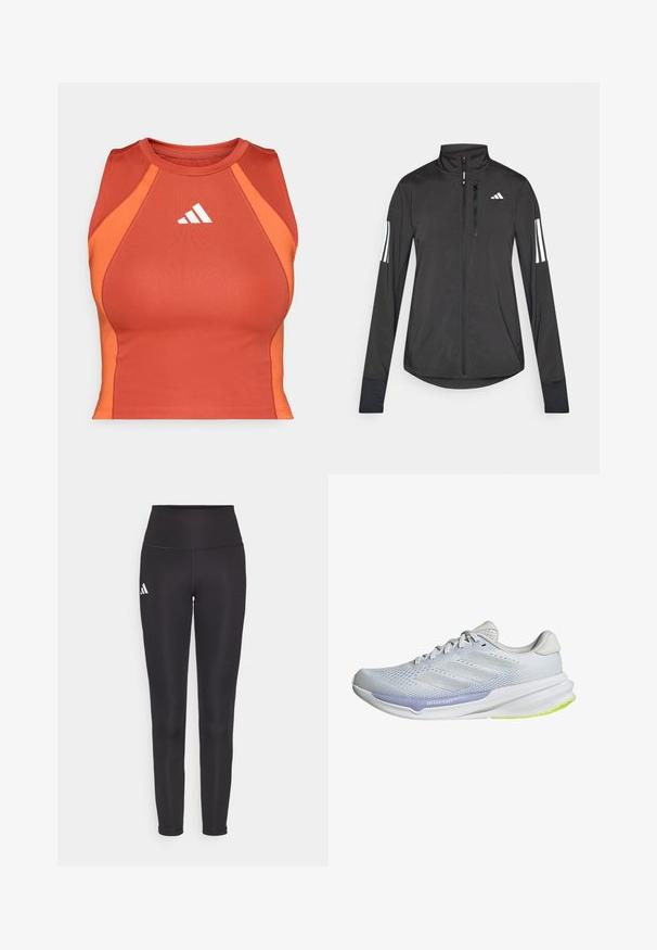 Černá atletická bunda vyrobená z lehkého materiálu. Má přední zip, vysoký límec a tři bílé pruhy na každém rukávu.; Oranžový sportovní crop top vyrobený z hladkého, elastického materiálu. Má design s vyřezávaným zády a bílým logem na přední straně.; Černé legíny s vysokým pasem vyrobené z elastického materiálu. Na levé straně mají bílé logo a elegantní, bezešvou konstrukci. Hladká textura.; Bílé sportovní boty s prodyšným síťovaným svrškem, texturovaným designem a levandulovým akcentem. Mají polstrovanou podrážku s detaily v zelené barvě na podrážce.
