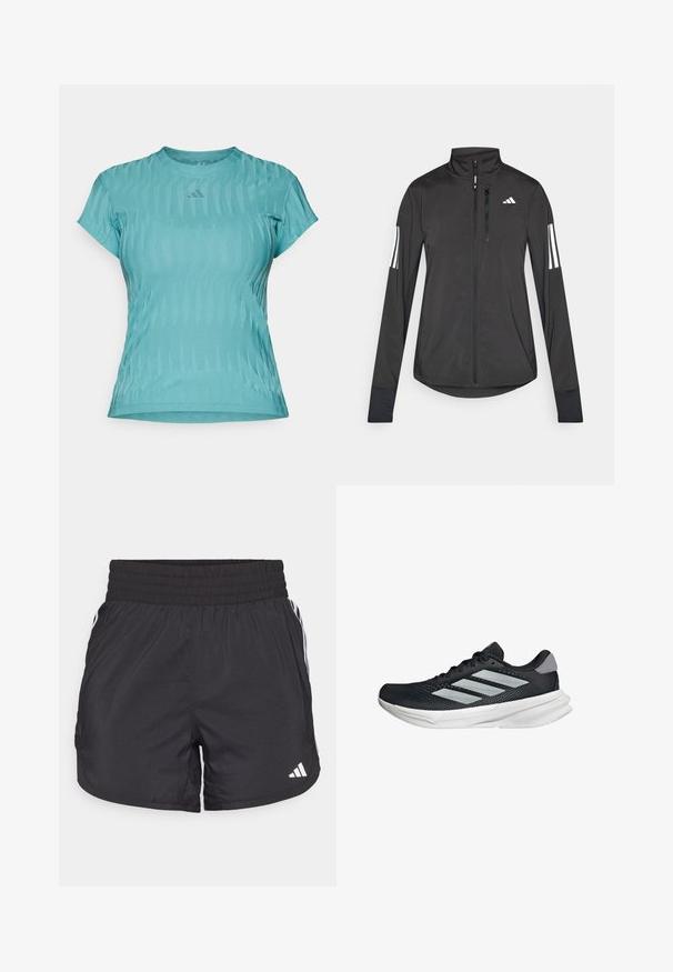 Svart idrottsjacka i lätt material. Har en framzipper, hög krage och tre vita ränder på varje ärm.; Akvafärgad kortärmad träningsskjorta med en texturerad design, som har rundad halsringning och en liten logotyp på bröstet.; Svarta träningsshorts med elastisk midja, sidfickor och vita randkonturer på sidorna. Tillverkade av lätt material.; Svart löparskor med meshtopp, tre silverränder, vit mellansula och strukturerad sula. Har vadderad krage och snörning.