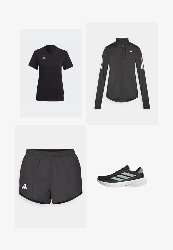 Black athletic jacket made of lightweight material. Features a front zipper, high collar, and three white stripes on each sleeve.; Black Adidas t-shirt featuring a V-neck design, short sleeves, and a white logo on the left chest area. Made from soft fabric.; Black athletic shorts made of lightweight fabric, featuring an elastic waistband and a white Adidas logo on the lower left side.; Black running shoe with mesh upper, three silver stripes, white midsole, and textured outsole. Features padded collar and lace closure.