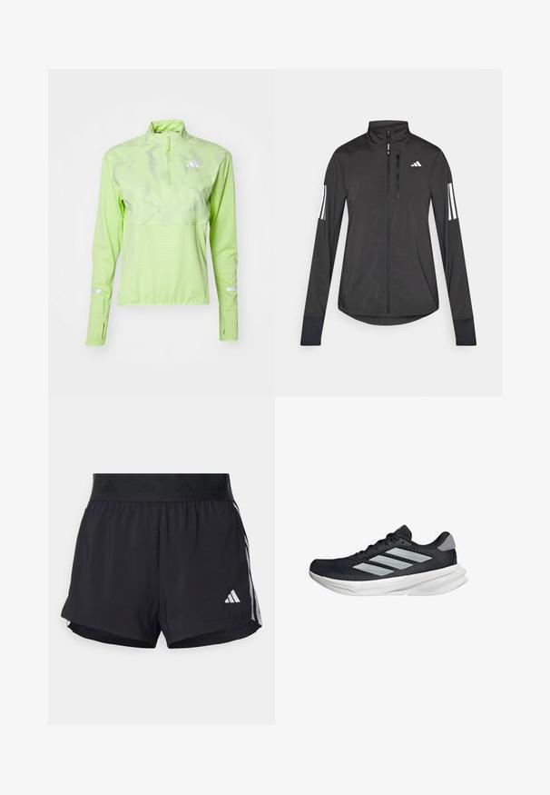 Black athletic jacket made of lightweight material. Features a front zipper, high collar, and three white stripes on each sleeve.; adidas Performance ULTIMATE VIS REFLECTIVE 1/2-ZIP - Long sleeved top - pulse lime; Black athletic shorts with an elastic waistband, featuring a textured band, side stripes, and a white Adidas logo on the lower hem.; Black running shoe with mesh upper, three silver stripes, white midsole, and textured outsole. Features padded collar and lace closure.