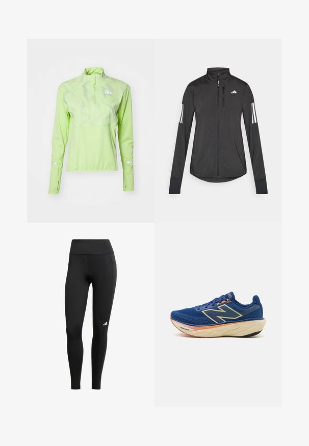 Schwarze Sportjacke aus leichtem Material. Mit einem Frontreißverschluss, hohem Kragen und drei weißen Streifen an jedem Ärmel.; adidas Performance ULTIMATE VIS REFLECTIVE 1/2-ZIP - Langarmshirt - pulse lime; Schwarze Sportleggings mit hohem Bund, aus dehnbarem Stoff; verfügen über eine Seitentasche und ein kleines weißes Logo nahe dem Saum.; Blauer Laufschuh mit atmungsaktivem Mesh-Obermaterial, gepolstertem Kragen und einer gepolsterten Sohle mit orangefarbenen Akzenten. "Fresh Foam"-Branding sichtbar.