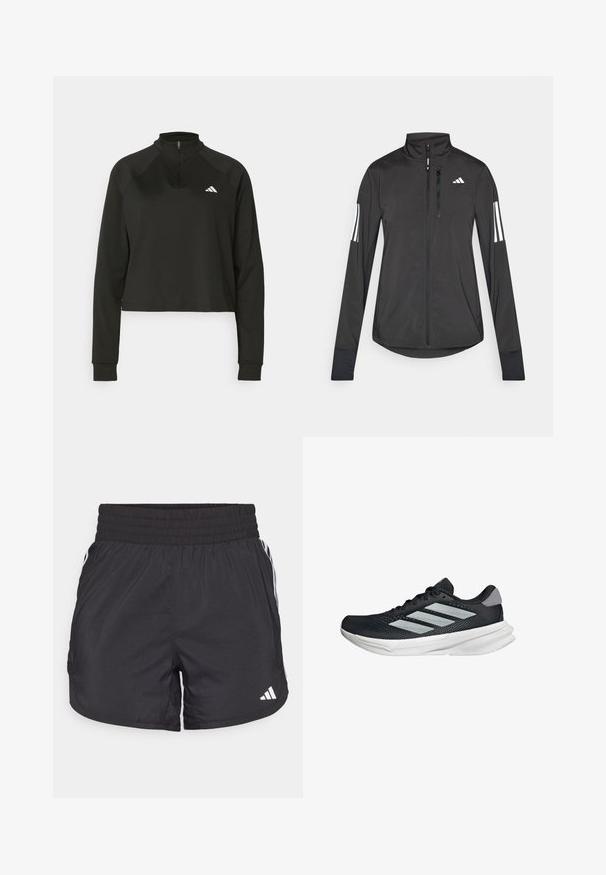 Sort atletisk jakke lavet af let materiale. Har en frontlynlås, høj krave og tre hvide striber på hver ærme.; Sort quarter-zip trøje lavet af glat stof med lange ærmer, med en høj krave og et hvidt logo på venstre bryst.; Sorte atletiske shorts med elastisk talje, sidelommer og hvid stribeaccent på siderne. Fremstillet af letvægtsmateriale.; Sort løbesko med mesh-overdel, tre sølvstriber, hvid mellemsål og struktureret ydersål. Har polstret krave og snørelukning.