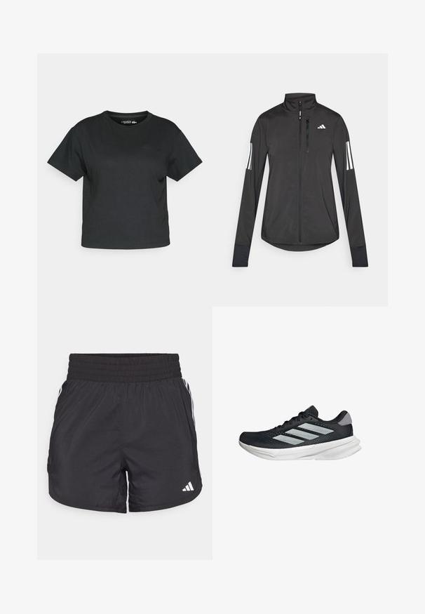 Czarna sportowa kurtka wykonana z lekkiego materiału. Posiada zamek błyskawiczny z przodu, wysoki kołnierz oraz trzy białe paski na każdym rękawie.; Czarna krótka koszulka wykonana z miękkiego materiału. Krótkie rękawy, okrągły dekolt i subtelne logo z przodu. Prosty krój, minimalistyczny design.; Czarne spodenki sportowe z elastycznym paskiem w talii, bocznymi kieszeniami oraz białymi akcentami wzdłuż boków. Wykonane z lekkiego materiału.; Czarny but biegowy z siateczkowym wierzchem, trzema srebrnymi paskami, białą podeszwą środkową i teksturowaną podeszwą zewnętrzną. Posiada wyściełany kołnierz i zapięcie na sznurówki.