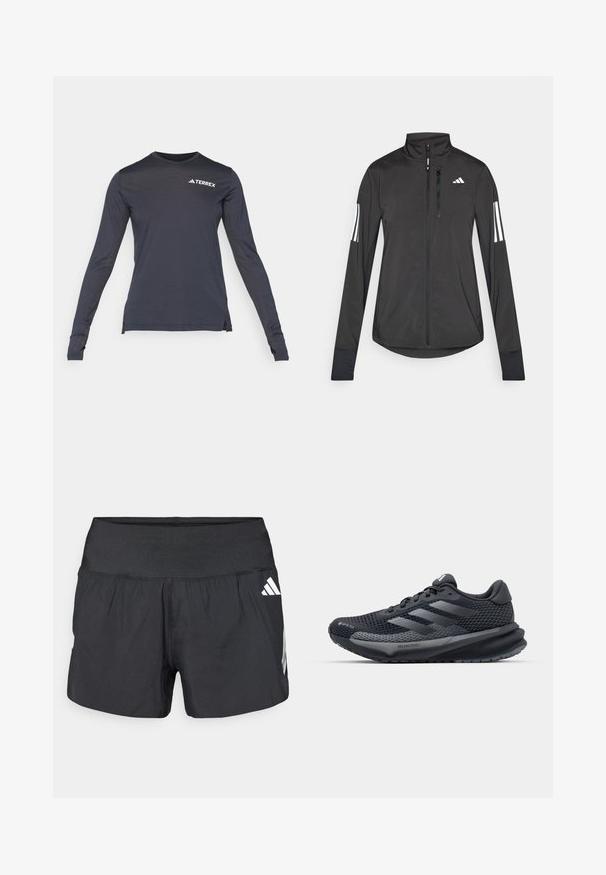 Zwarte sportjack gemaakt van lichtgewicht materiaal. Voorzien van een ritssluiting aan de voorkant, hoge kraag en drie witte strepen op elke mouw.; Langarm navy prestatie shirt met een ronde halslijn, voorzien van een wit "Terrex" logo en textuur mesh zijkanten.; Zwarte sportshorts met een brede elastische tailleband, lichtgewicht stof en witte logo-accenten aan de onderkant zijkant.; Zwarte sportieve schoen met een gestructureerde mesh bovenkant, reflecterende accenten, een gevoerde zool en een gestroomlijnd ontwerp. Beschikt over het logo met drie strepen.