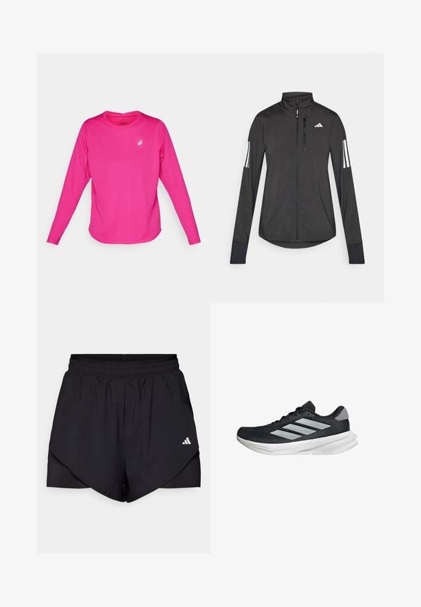 Giacchetto sportivo nero realizzato in materiale leggero. Presenta una chiusura frontale con zip, colletto alto e tre strisce bianche su ciascun manica.; Maglietta sportiva a maniche lunghe di colore rosa brillante, realizzata in tessuto elastico. Presenta un colletto rotondo e un piccolo logo bianco sul petto.; Pantaloni sportivi neri con un design a strati, realizzati in tessuto leggero. Presentano una vita elastica e un piccolo logo bianco sul lato.; Scarpa da corsa nera con tomaia in mesh, tre strisce argentate, intersuola bianca e suola testurizzata. Presenta un colletto imbottito e chiusura con lacci.
