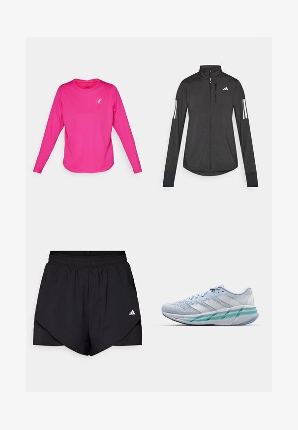 Black athletic jacket made of lightweight material. Features a front zipper, high collar, and three white stripes on each sleeve.; Long-sleeve athletic shirt in bright pink, made of stretchy fabric. Features a round neckline and a small white logo on the chest.; Black athletic shorts with a layered design, made of lightweight fabric. Features an elastic waistband and a small white logo on the side.; Light blue athletic shoes with a textured knit upper, white accents, and a transparent green midsole. Rounded toe and padded collar.