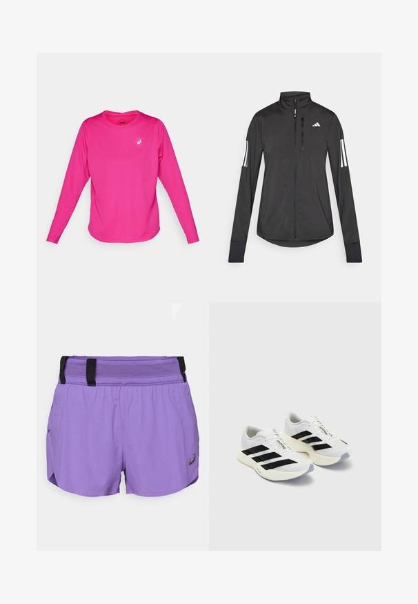 Črna športna jakna iz lahkega materiala. Ima sprednji zadrgo, visok ovratnik in tri bele črte na vsaki rokavi.; Majica z dolgimi rokavi za šport v svetlo roza barvi, izdelana iz raztegljivega materiala. Ima okroglo izreznico in majhen bel logotip na prsih.; ASICS METARUN SPLIT SHORT - Športne kratke hlače - edo purple; Bele športne čevlje bele barve z črnimi črtami in blagovno znamko, z mrežastim zgornjim delom, zaobljenim prstom in debelim kremnim podplatom za blaženje.