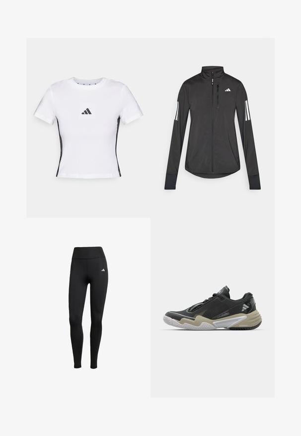 Jaqueta atlética preta feita de material leve. Apresenta um fecho frontal, colarinho alto e três riscas brancas em cada manga.; T-shirt branca de manga curta feita em algodão, com um logótipo preto da Adidas em um retângulo e detalhes laterais pretos. Decote redondo clássico.; Leggings atléticos pretos com uma cintura alta. Feitos de um tecido elástico com um detalhe do logótipo branco no lado superior esquerdo.; Sapatilha desportiva preta e bege com parte superior texturizada, design de sola proeminente, acabamentos refletivos e sistema de atacadores. Construção leve.