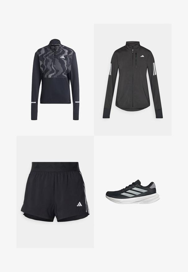 Giacchetto sportivo nero realizzato in materiale leggero. Presenta una chiusura frontale con zip, colletto alto e tre strisce bianche su ciascun manica.; Pullover atletico nero con zip al collo, maniche lunghe e una parte superiore con un motivo audace. Realizzato in tessuto leggero e traspirante. Dettagli riflettenti.; Pantaloni sportivi neri con cintura elasticizzata, dotati di una banda testurizzata, strisce laterali e un logo Adidas bianco sull'orlo inferiore.; Scarpa da corsa nera con tomaia in mesh, tre strisce argentate, intersuola bianca e suola testurizzata. Presenta un colletto imbottito e chiusura con lacci.