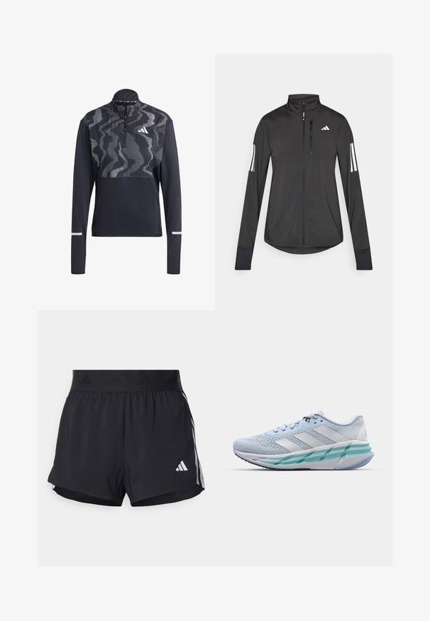 Black athletic jacket made of lightweight material. Features a front zipper, high collar, and three white stripes on each sleeve.; Black athletic pullover featuring a zip neck, long sleeves, and a bold patterned upper. Made from lightweight, breathable fabric. Reflective accents.; Black athletic shorts with an elastic waistband, featuring a textured band, side stripes, and a white Adidas logo on the lower hem.; Light blue athletic shoes with a textured knit upper, white accents, and a transparent green midsole. Rounded toe and padded collar.