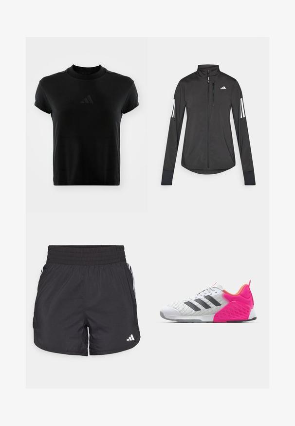 Jaqueta atlética preta feita de material leve. Apresenta um fecho frontal, colarinho alto e três riscas brancas em cada manga.; T-shirt preta de manga curta feita de tecido liso. Apresenta um decote redondo e um logótipo da Adidas em relevo na parte da frente.; Calções de desporto pretos com um cós elástico, bolsos laterais e detalhes em lista branca nas laterais. Feitos de material leve.; Sapatilha desportiva branca com riscas cinzentas, parte superior em malha e calcanhar e detalhes cor-de-rosa. Apresenta um calcanhar texturizado e sola de borracha. Cadarços e colarinho acolchoado.