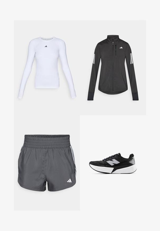 Black athletic jacket made of lightweight material. Features a front zipper, high collar, and three white stripes on each sleeve.; Long-sleeve white athletic shirt made of stretchy fabric, featuring a round neck and a small black logo on the chest area.; Gray athletic shorts with an elastic waistband, featuring white accent stripes and a logo on the lower right side. Smooth texture.; Black and white New Balance running shoe with thick sole, mesh upper, and "N" logo on the side, viewed from the outer side.