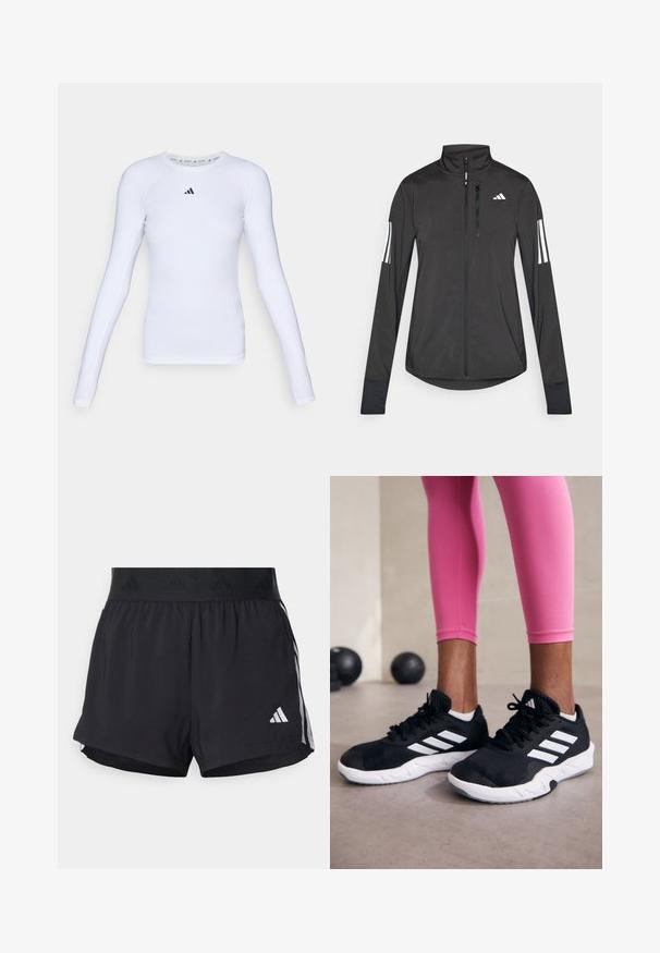 Sort atletisk jakke lavet af let materiale. Har en frontlynlås, høj krave og tre hvide striber på hver ærme.; Langærmet hvid atletisk skjorte lavet af strækbart stof, med rund hals og et lille sort logo på brystområdet.; Sorte sport shorts med elastisk talje, der har et tekstureret bånd, sidestreger og et hvidt Adidas-logo på den nederste kant.; Sorte sportssko med hvide striber, tekstureret mesh-overdel og en hvid sål. Bæres med pink leggings, der fremhæver træningstøj.