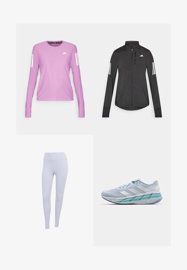 Black athletic jacket made of lightweight material. Features a front zipper, high collar, and three white stripes on each sleeve.; adidas Performance Long sleeved top - preloved purple; Light purple leggings made of stretchy fabric. High-waisted design with a smooth texture and no visible seams or patterns.; Light blue athletic shoes with a textured knit upper, white accents, and a transparent green midsole. Rounded toe and padded collar.