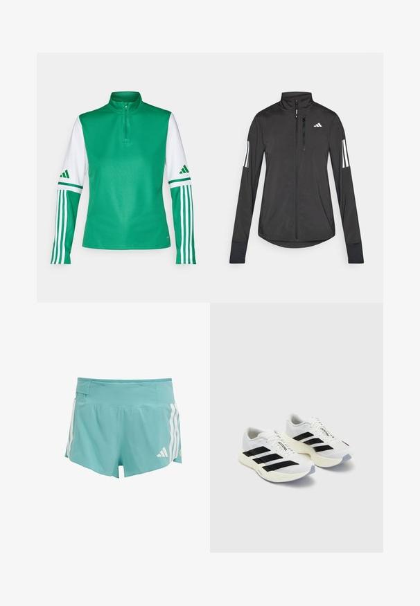 Črna športna jakna iz lahkega materiala. Ima sprednji zadrgo, visok ovratnik in tri bele črte na vsaki rokavi.; Zelena poliester športna majica z visokim ovratnikom, zadrgo do polovice, belimi rokavi in tremi belimi črtami na vsakem rokavu.; Svetlo modri atletski kratki hlače, ki imajo strukturno tkanino, bele stranske črte in žep na pasu za shranjevanje. Primerni za športne aktivnosti.; Bele športne čevlje bele barve z črnimi črtami in blagovno znamko, z mrežastim zgornjim delom, zaobljenim prstom in debelim kremnim podplatom za blaženje.