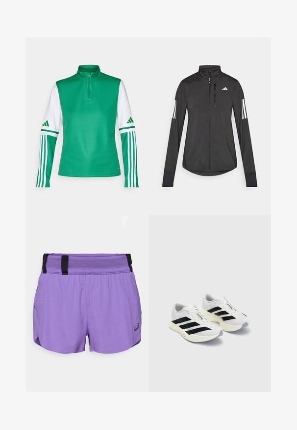 Crni sportski jakna napravljena od laganog materijala. Ima prednji zatvarač, visoki ovratnik i tri bijele pruge na svakoj rukavu.; Zeleni poliester sportski top s visokim ovratnikom, zatvaranjem na pola patentnog zatvarača, bijelim rukavima i tri bijele pruge na svakom rukavu.; ASICS METARUN SPLIT SHORT - Sportske kratke hlače - edo purple; Bijele atletske cipele s crnim prugama i brandingom, s mrežastim gornjištem, zaobljenim prstom i debelim krem srednjim dijelom za ublažavanje.